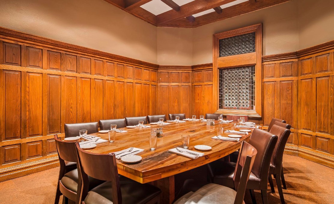 a table with plates and glasses in a room