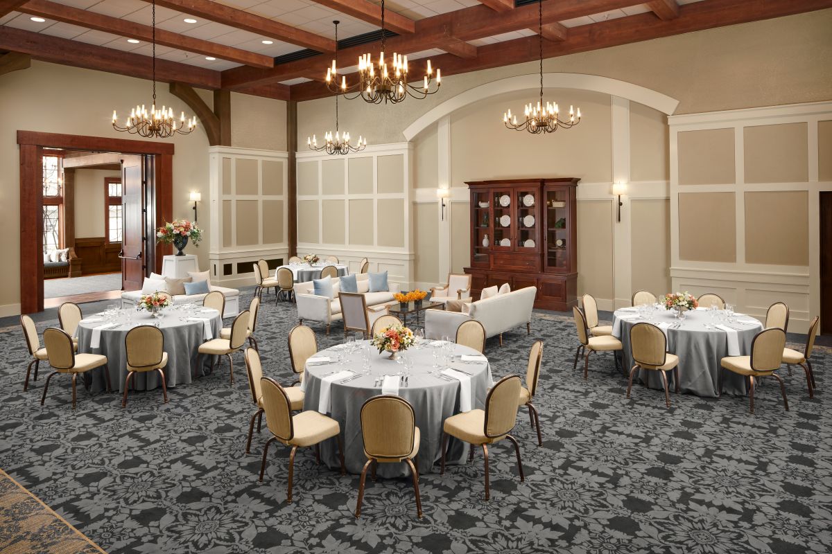a room with tables and chairs