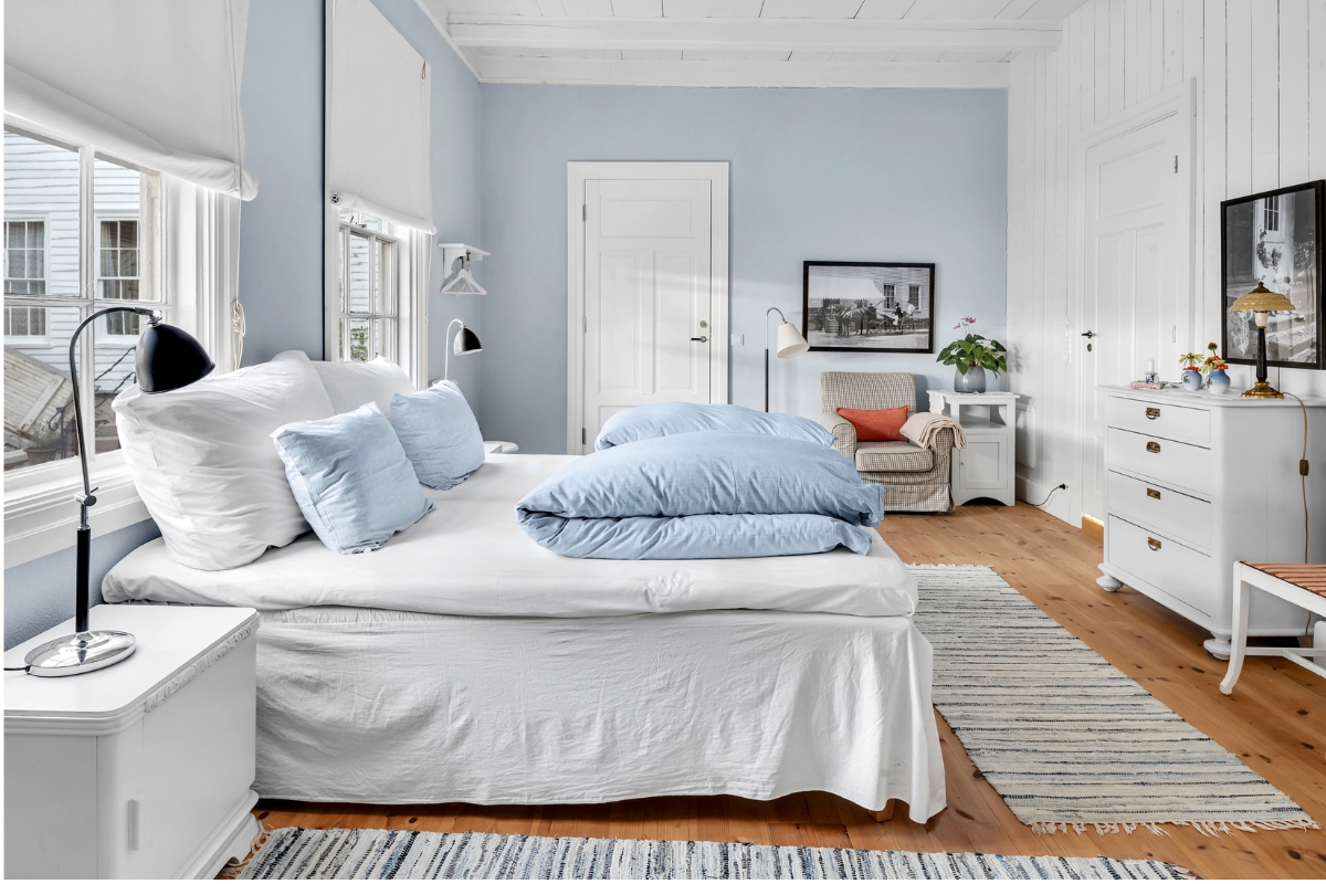 a bedroom with a bed and a chair