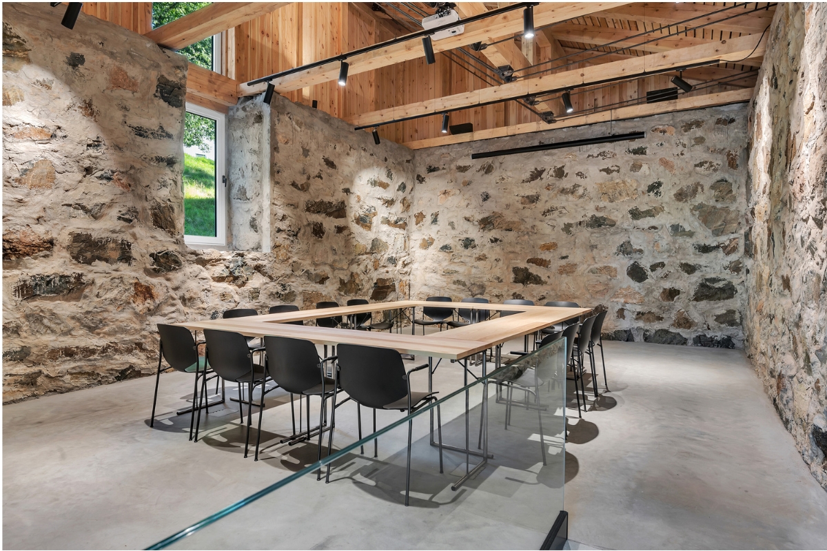 a room with a table and chairs