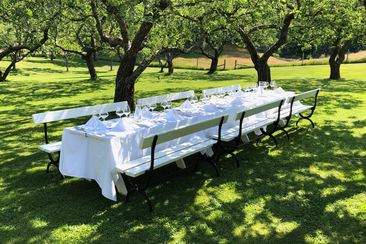 a long table set for a dinner party