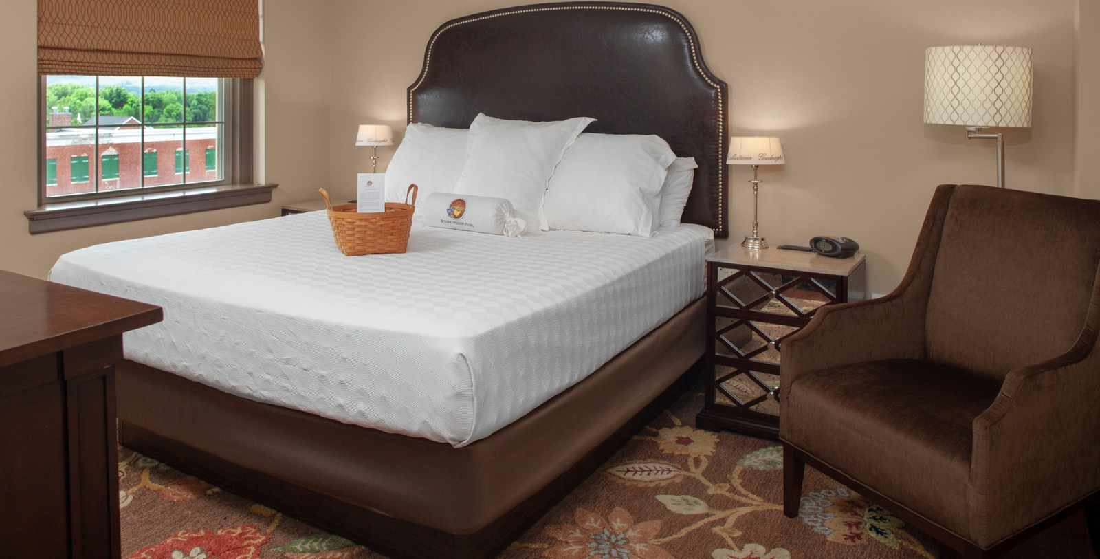 a bed with a basket on it
