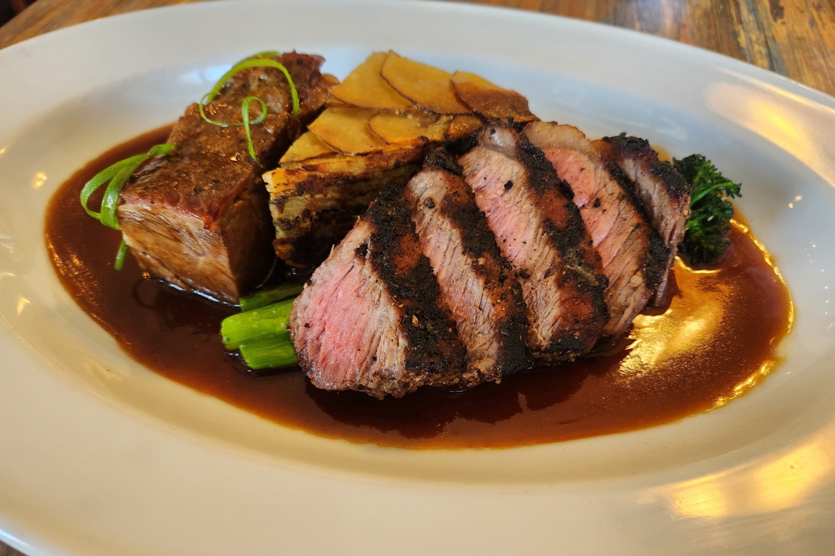 a plate of meat and vegetables