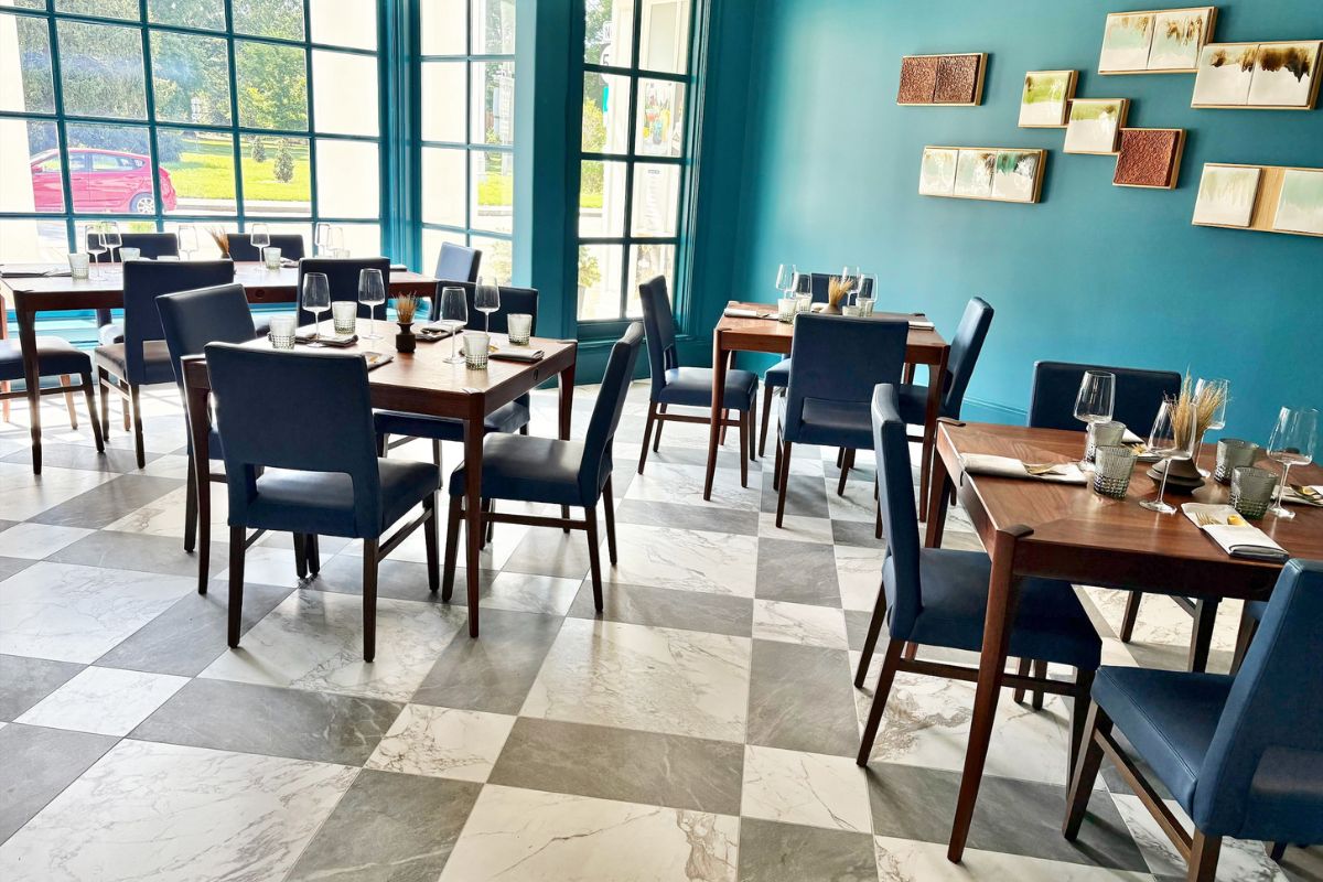 a room with tables and chairs
