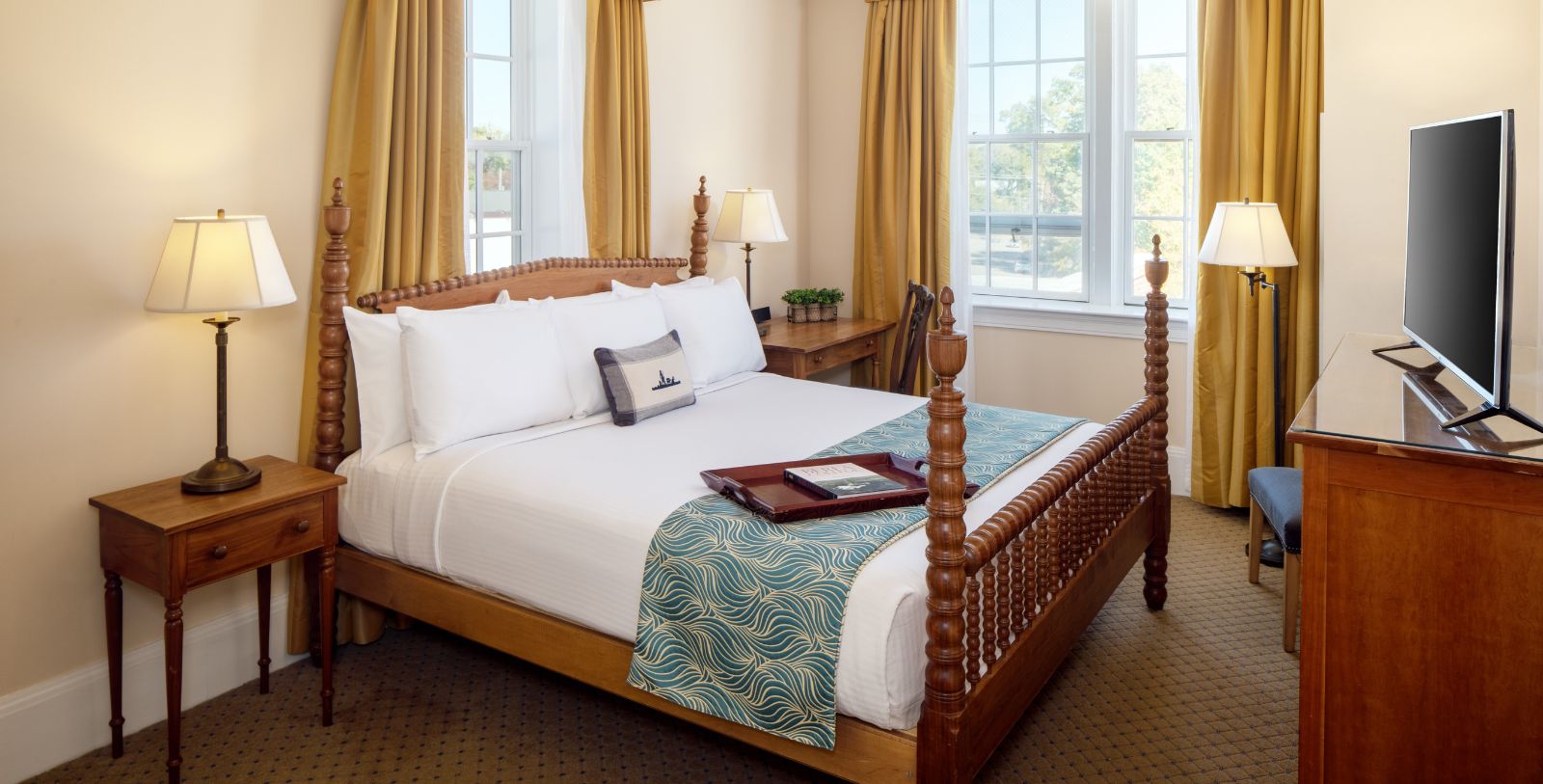 a bed with a tray on it
