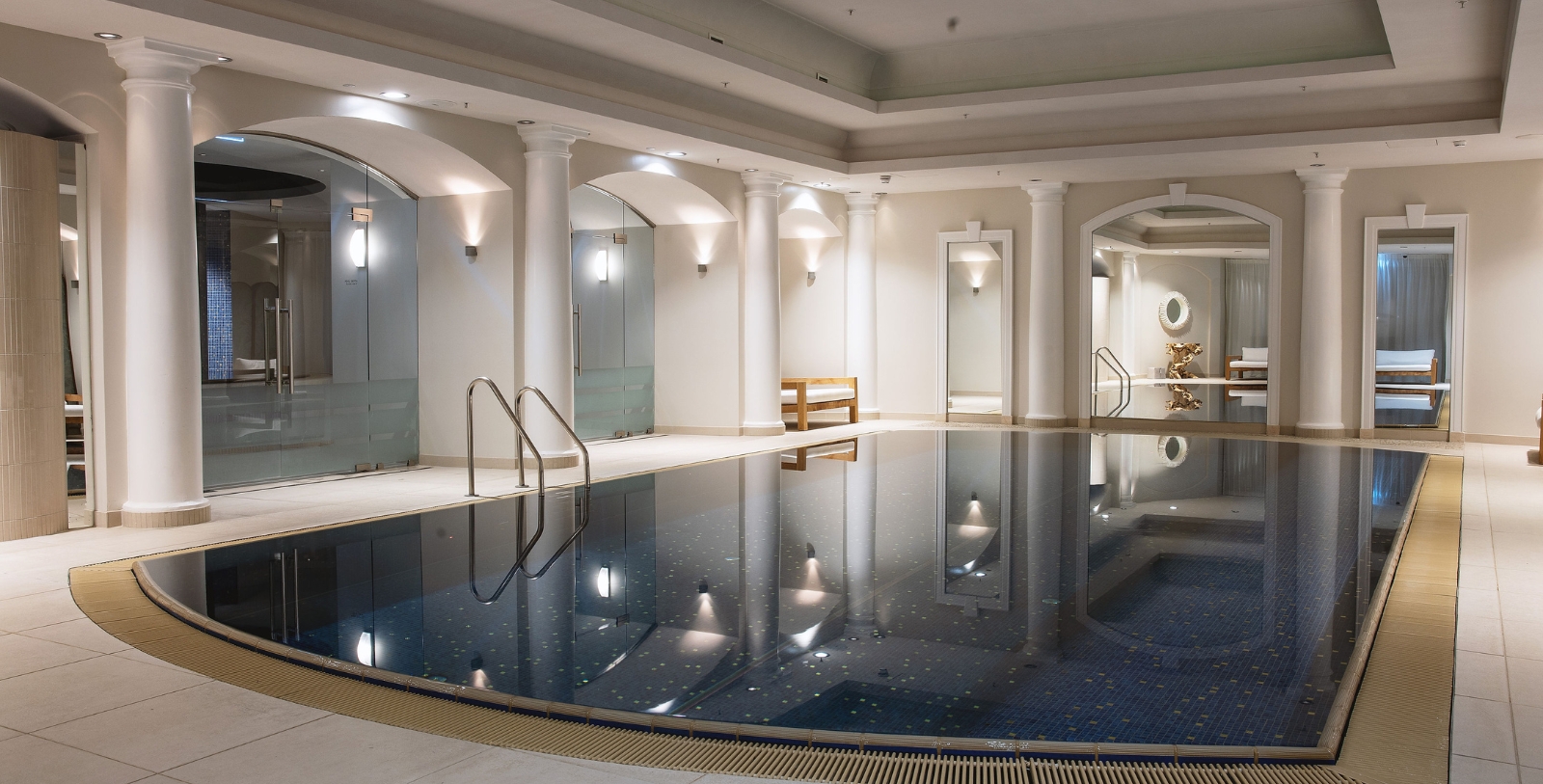 a indoor pool with a staircase