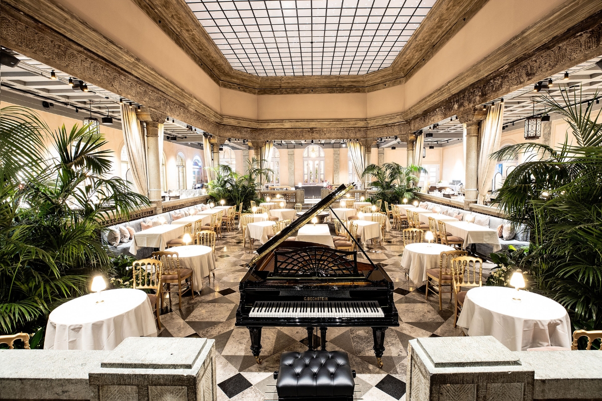 a piano in a restaurant