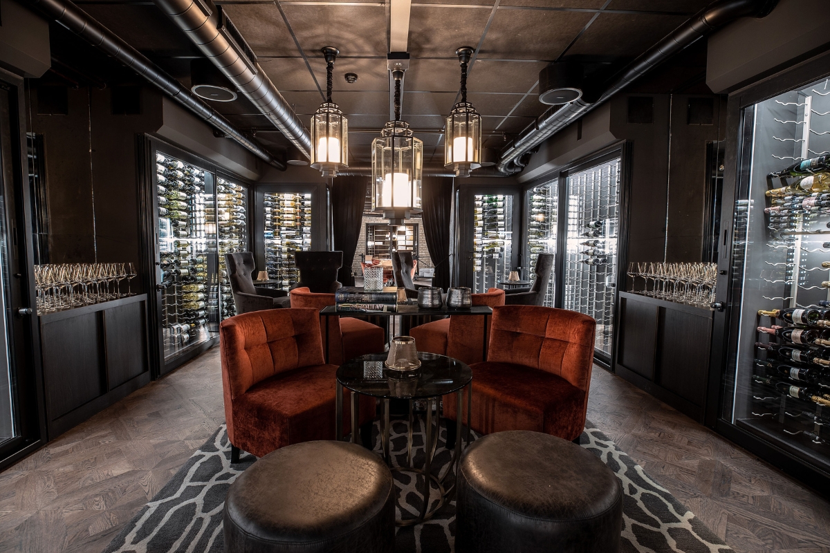 a room with a table and chairs