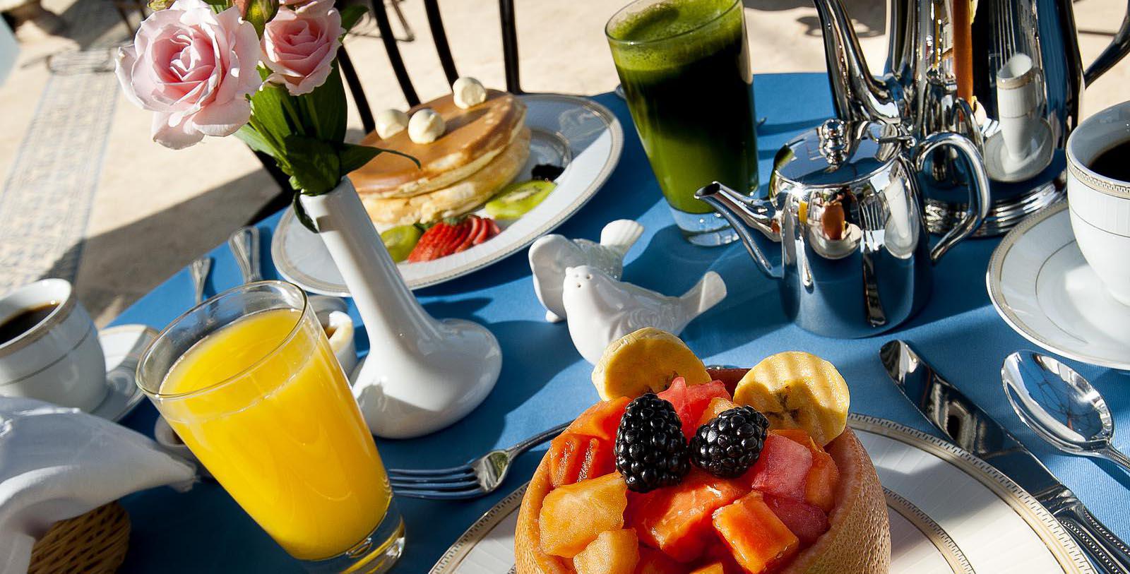 a table with food and drinks