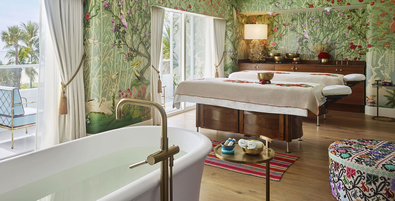 a room with a bed and bathtub