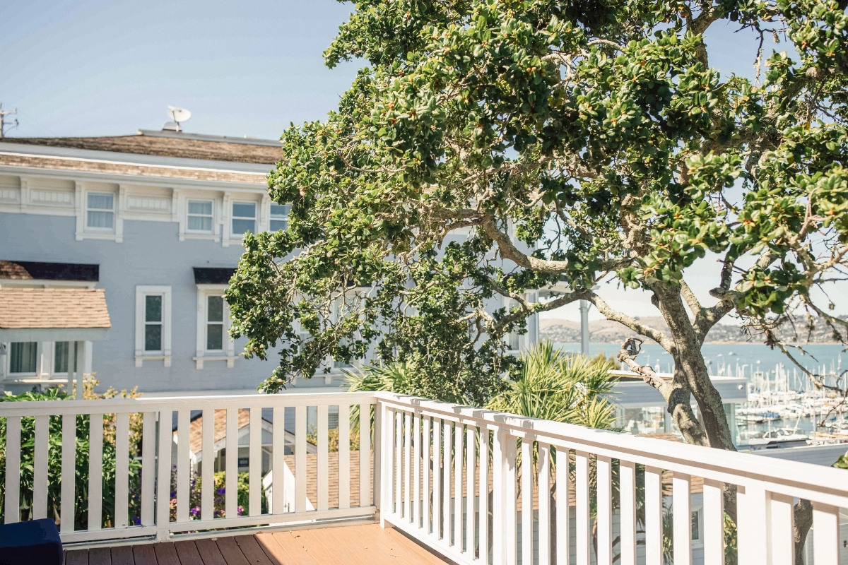 a deck with a tree and building in the background