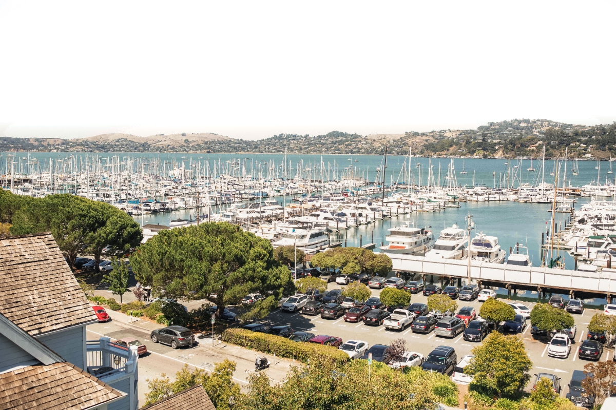a marina with many boats and cars
