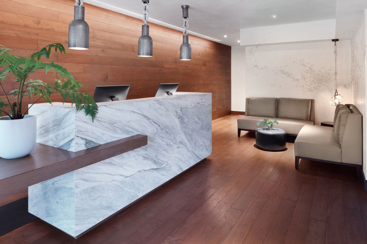 a reception desk in a hotel