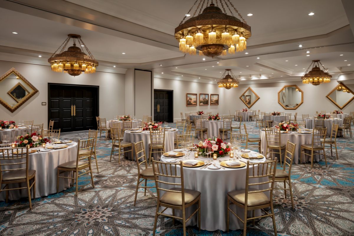 a room with tables and chairs