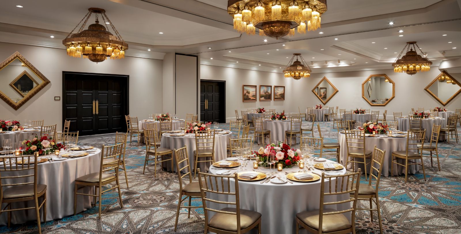 a room with tables and chairs