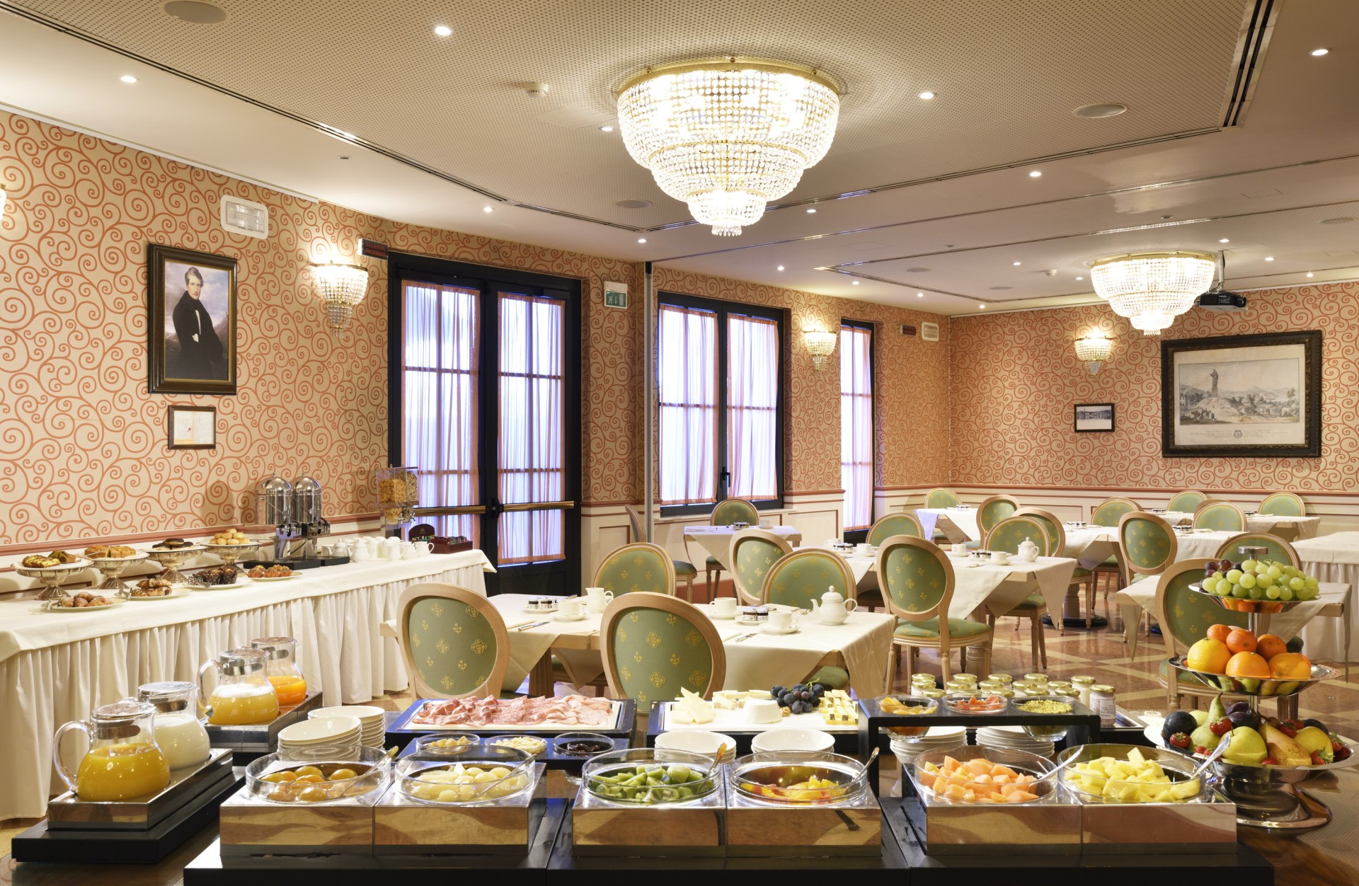 a room with tables and chairs and food