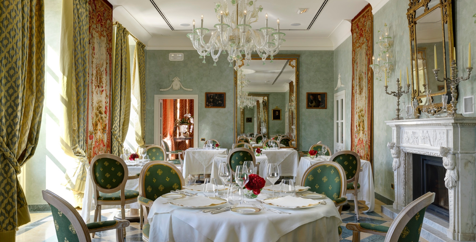 a room with tables and chairs