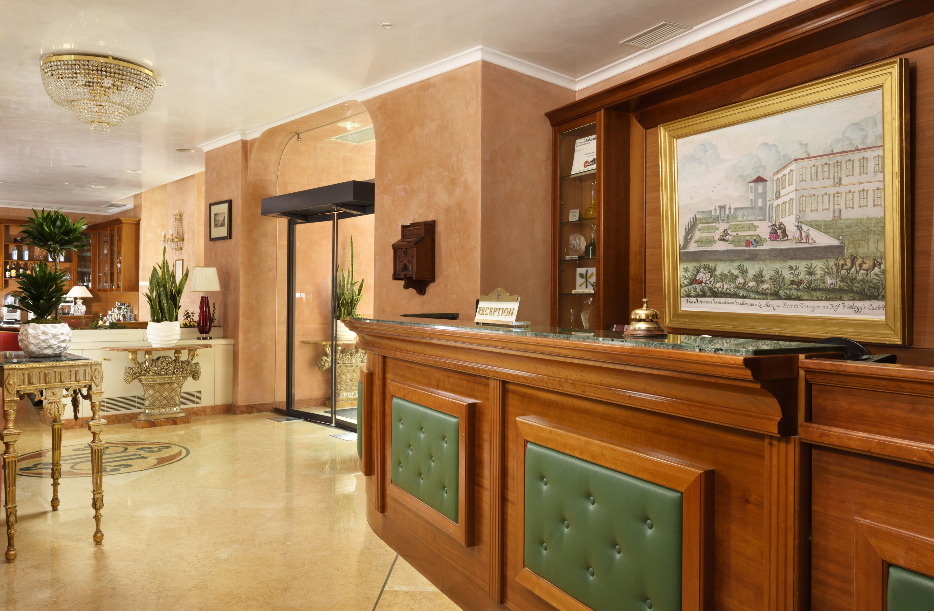 a reception desk in a hotel