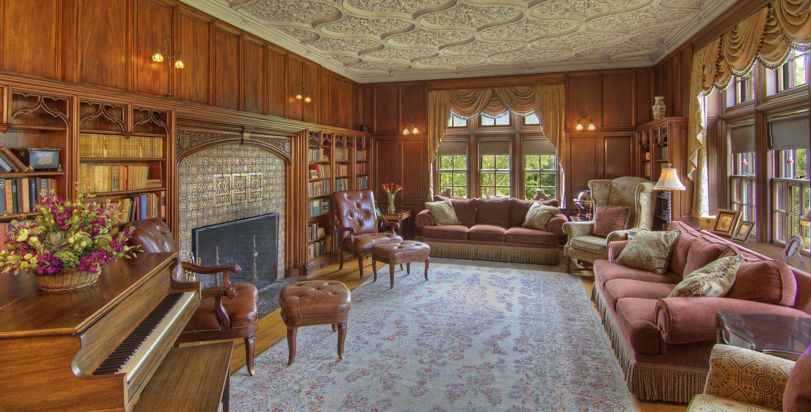 a room with a fireplace and furniture
