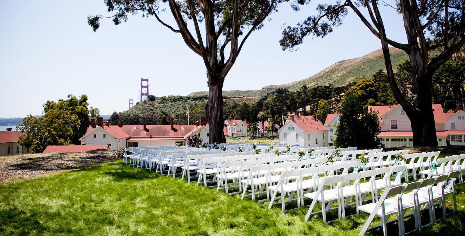 rows of white chairs in a grassy area