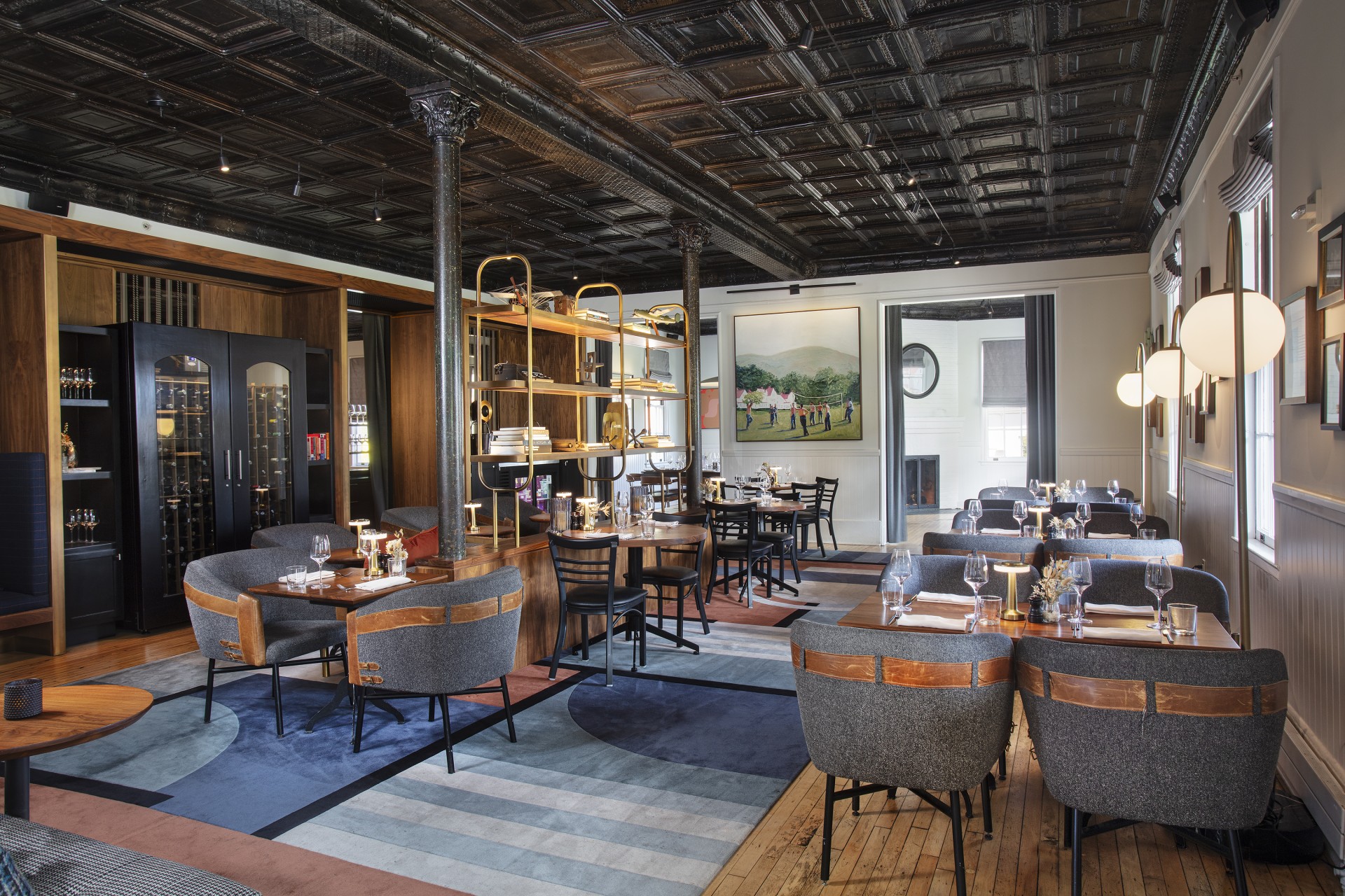 a room with tables and chairs