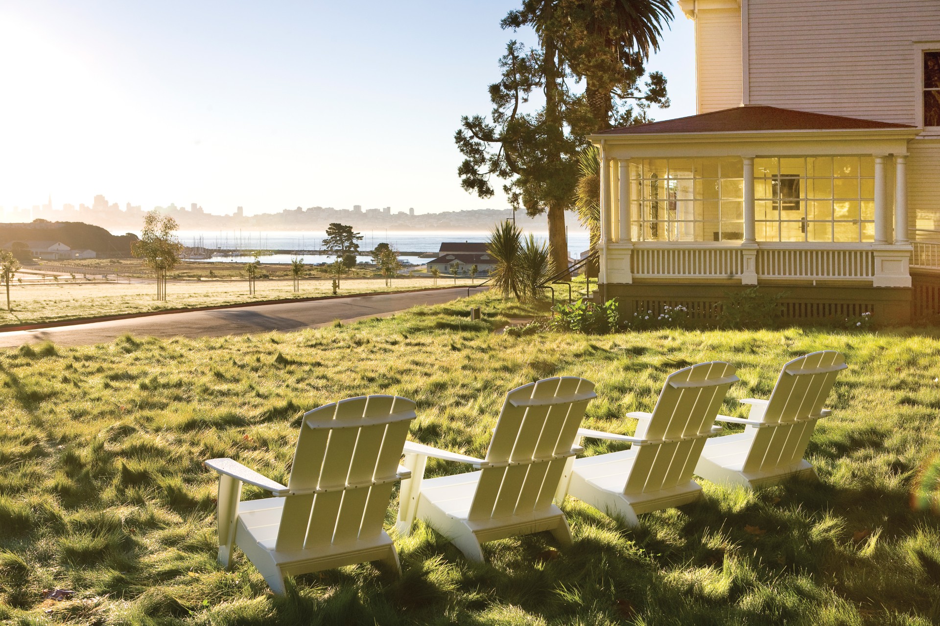 a row of chairs in a lawn