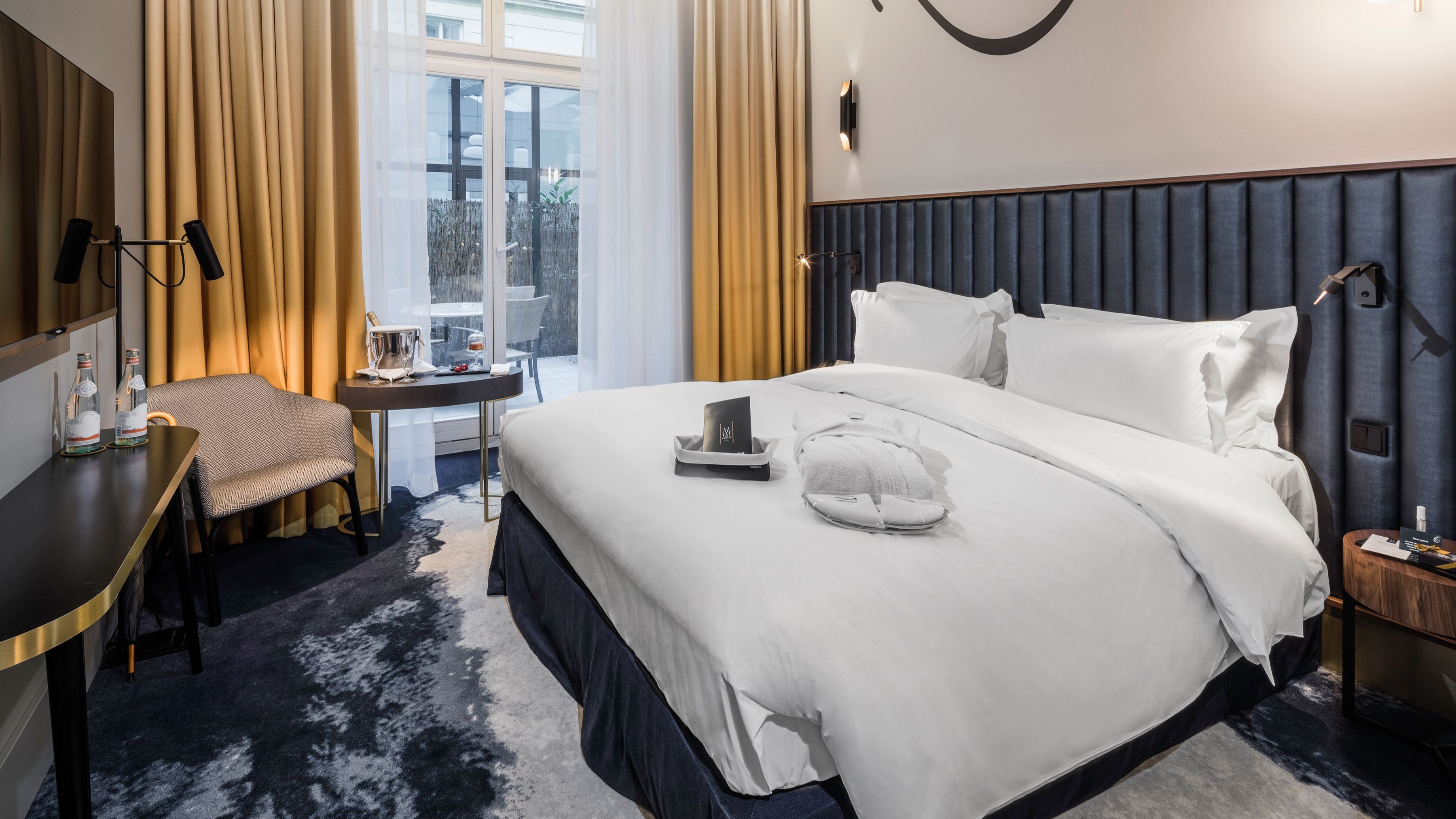 a bed with a tray on it