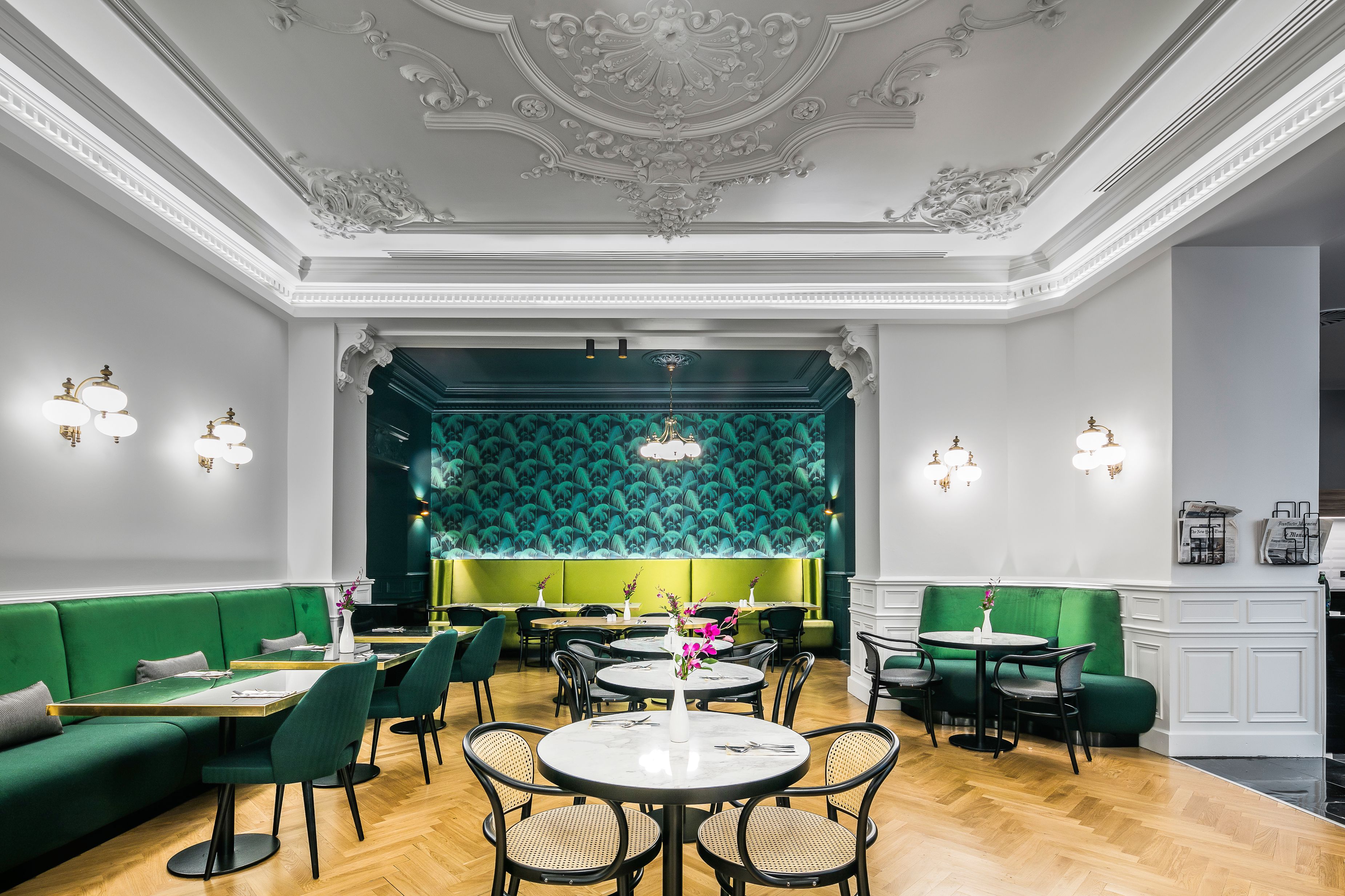 a room with tables and chairs
