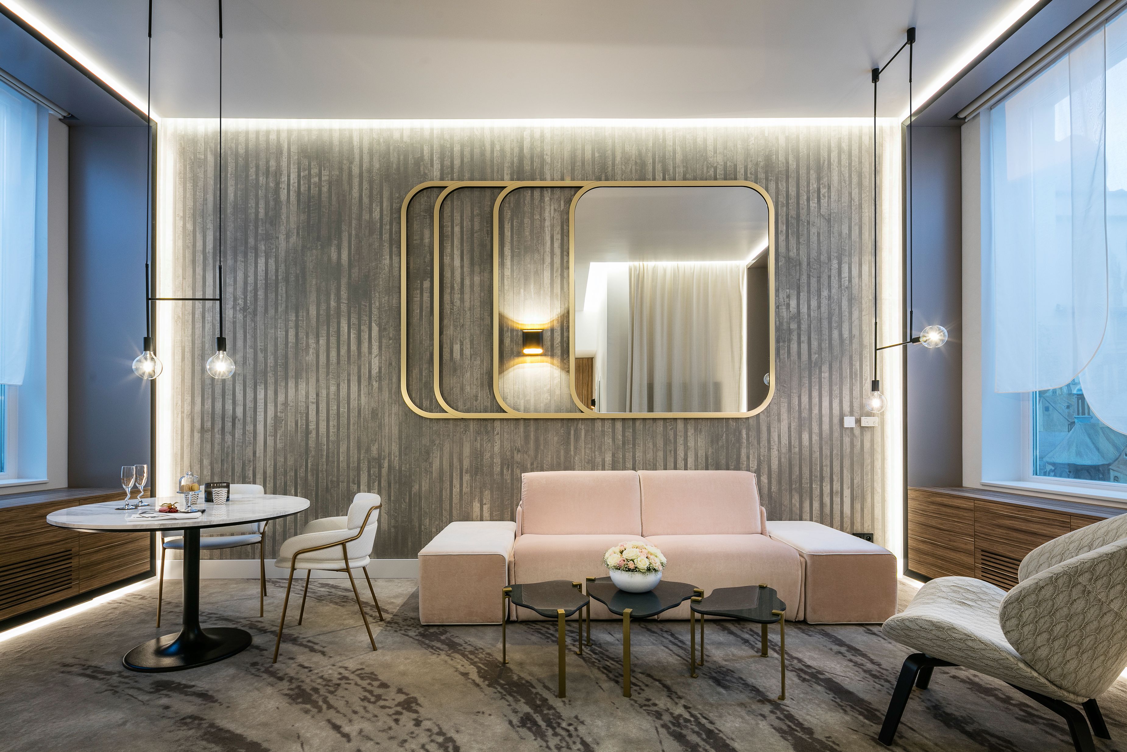 a room with a couch and a table