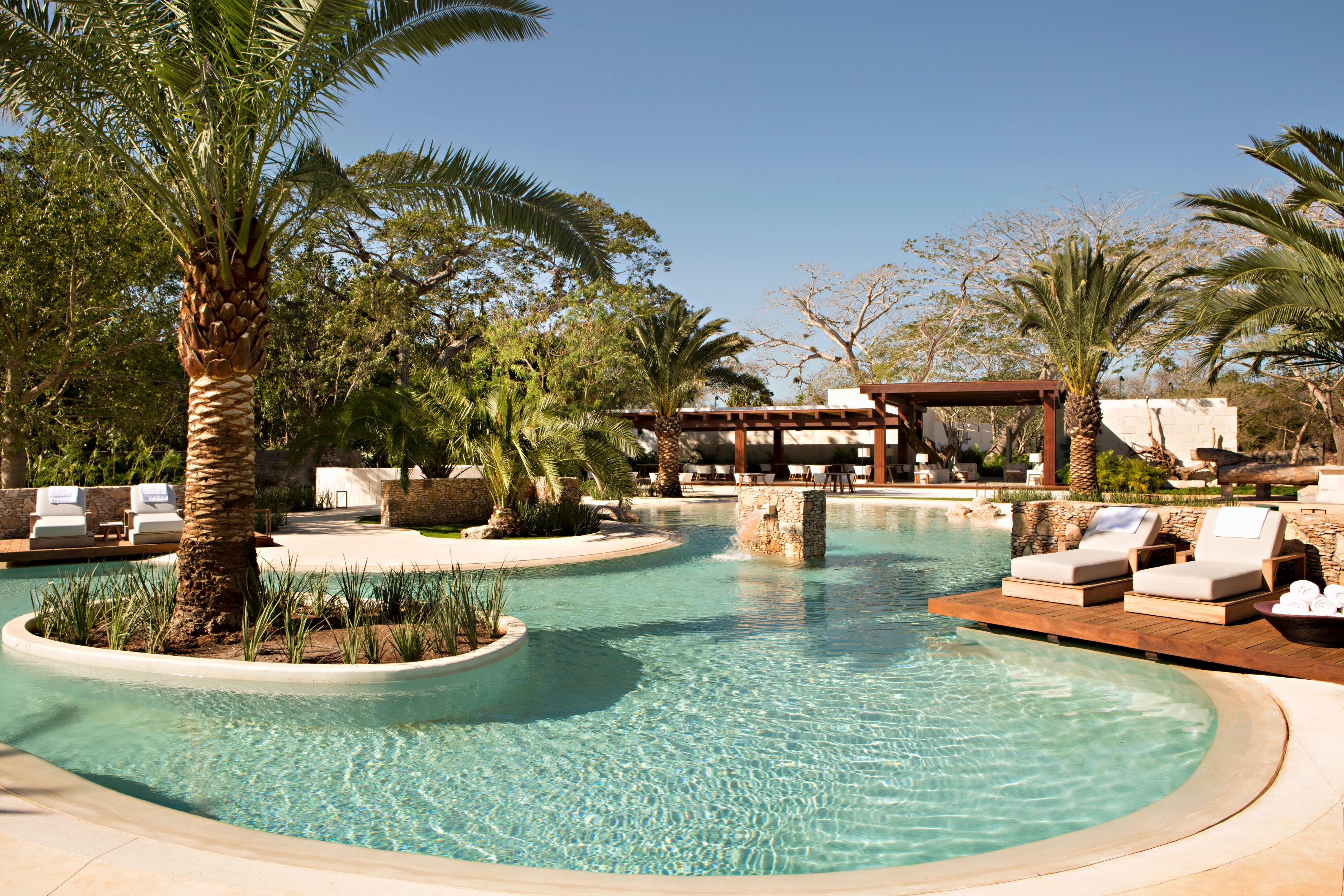 a pool with lounge chairs and palm trees