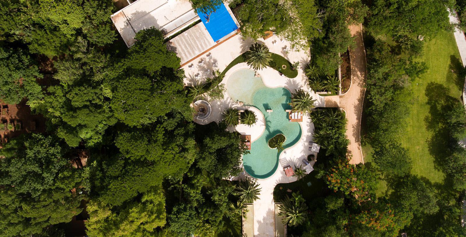 a pool surrounded by trees