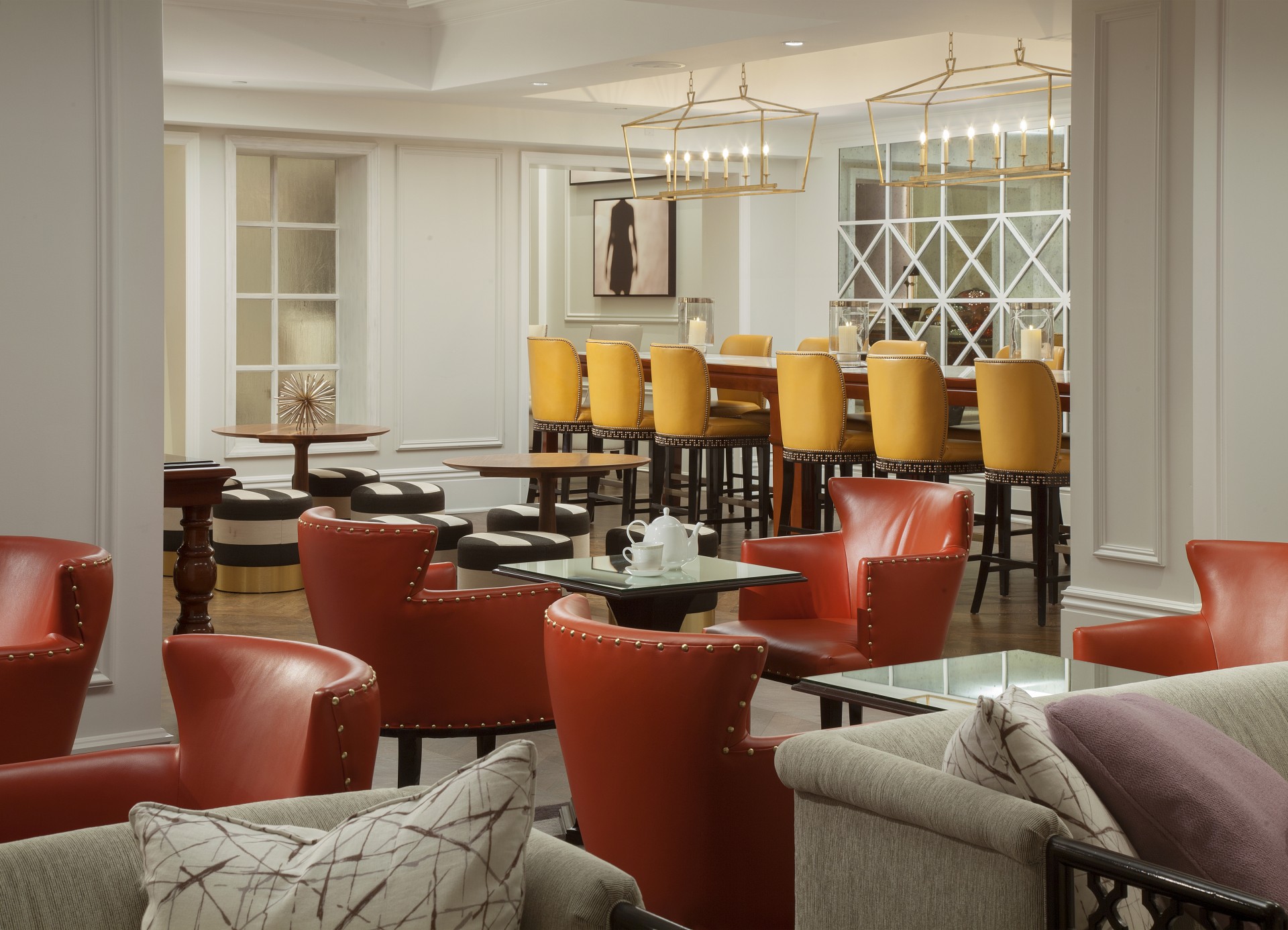 a room with chairs and tables