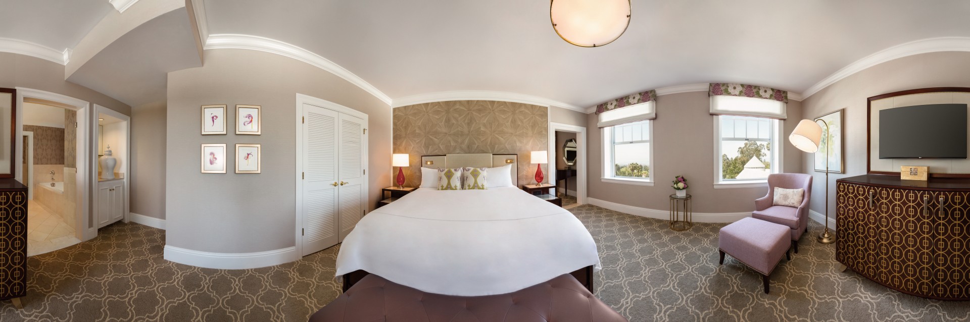 a room with a bed and a mirror
