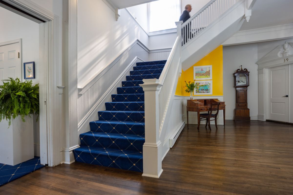 a blue carpeted staircase in a house