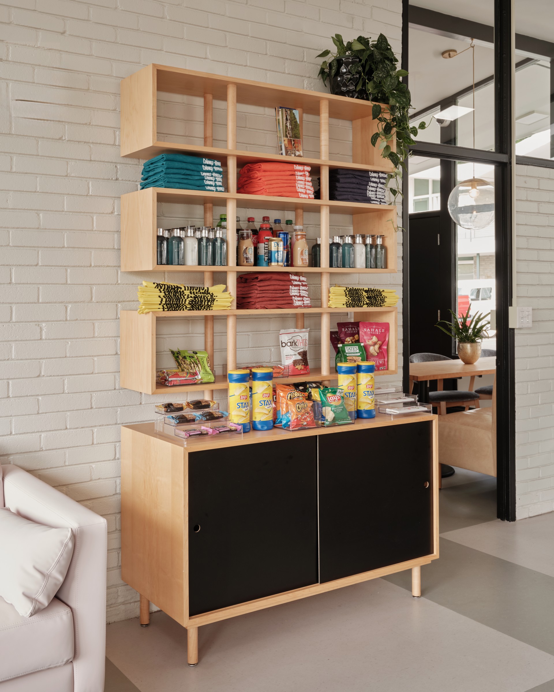 a shelf with food items on it