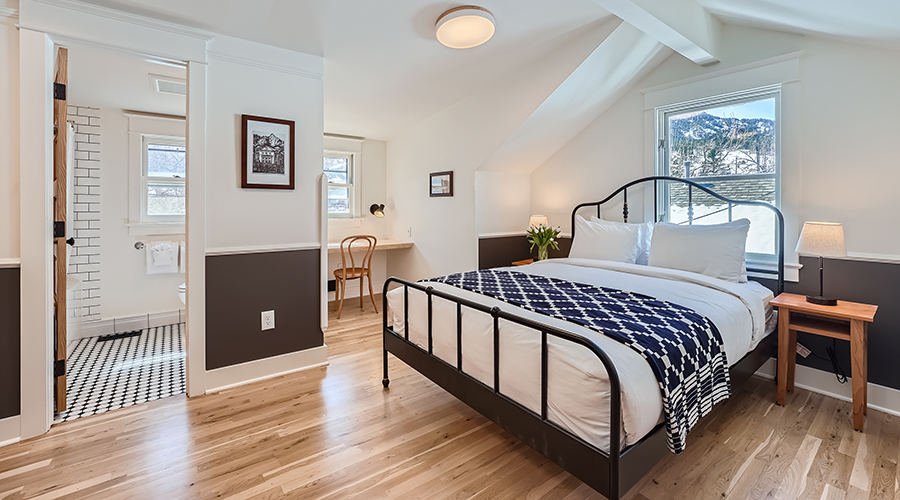a bedroom with a bed and a desk