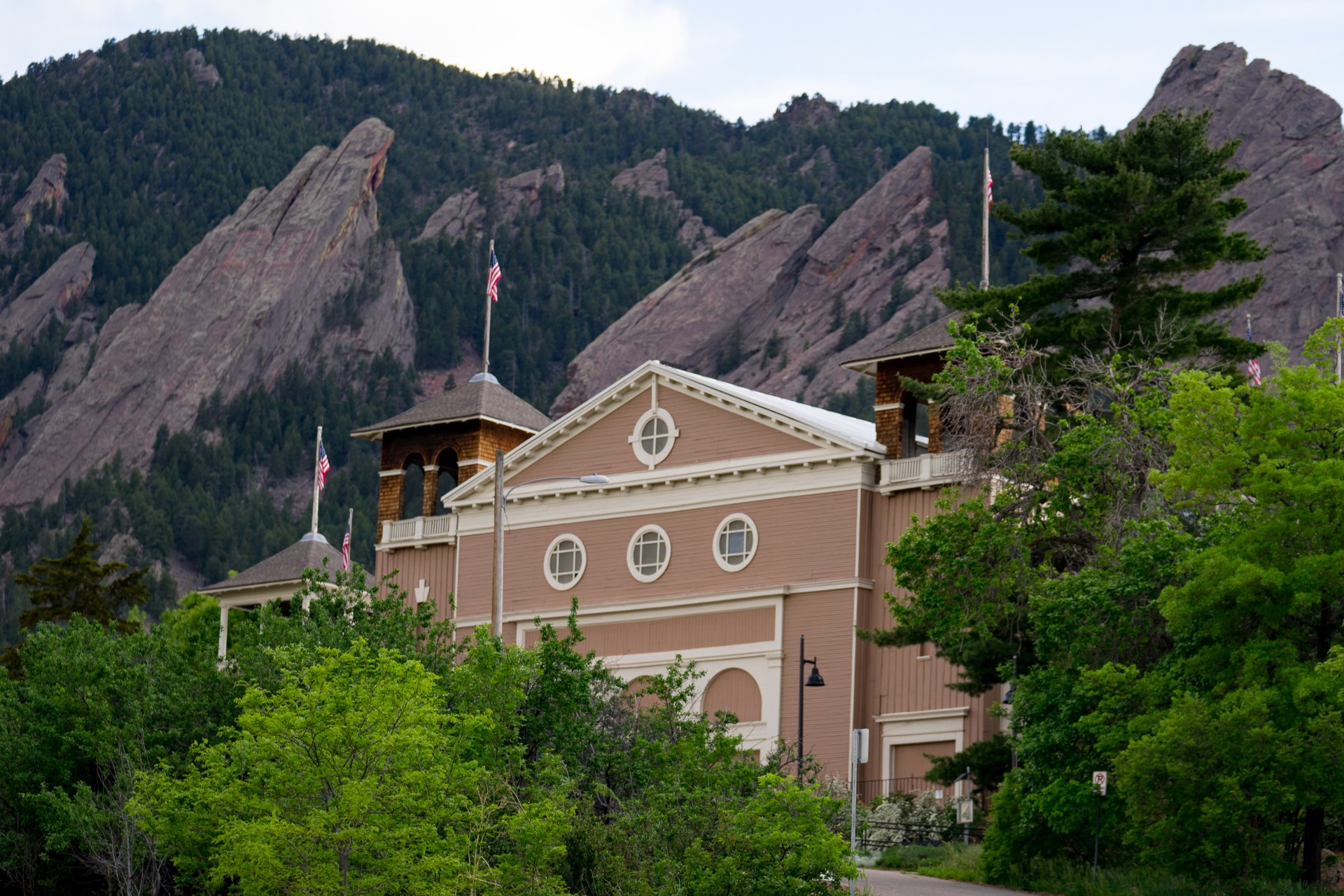a building with flags on top of it