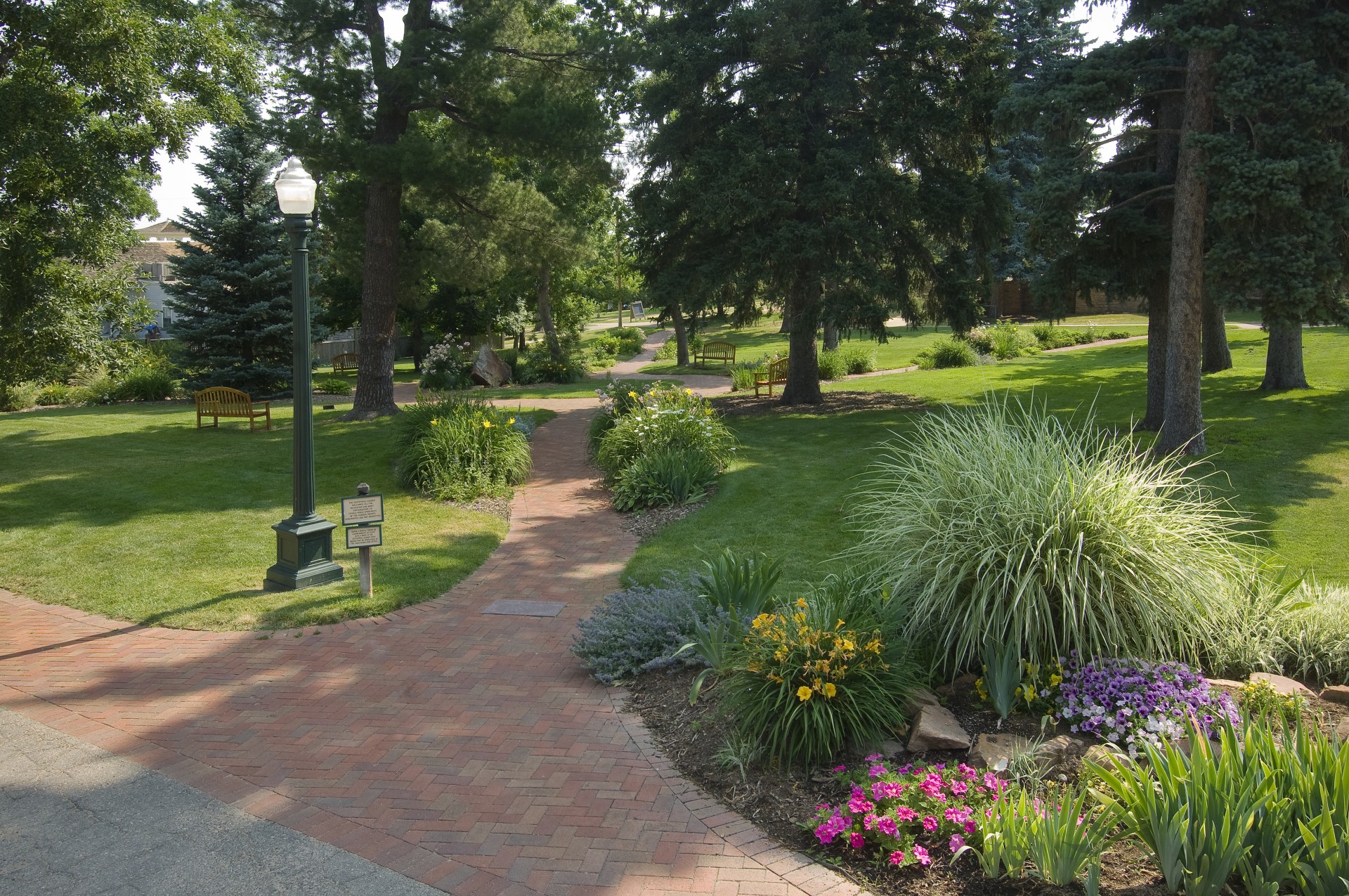 a brick path with flowers and trees