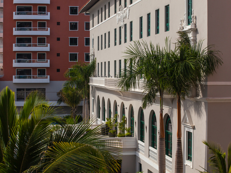 palm trees next to a building