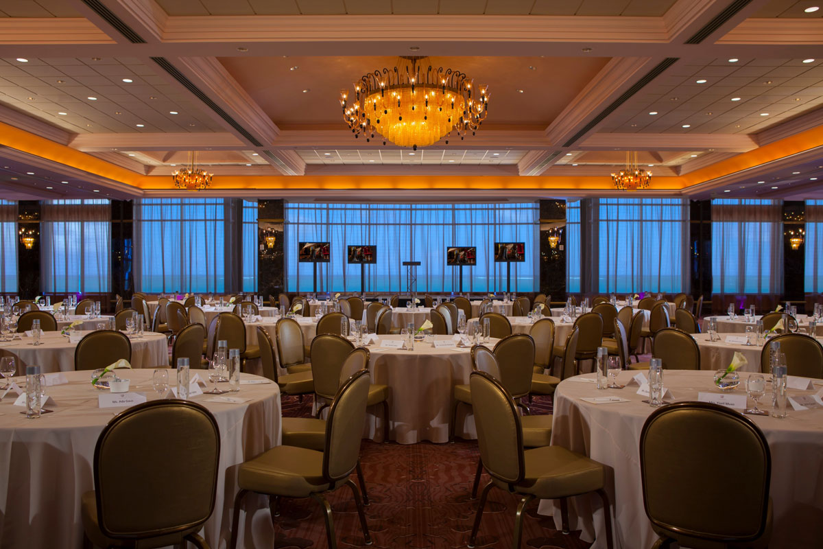 a room with tables and chairs
