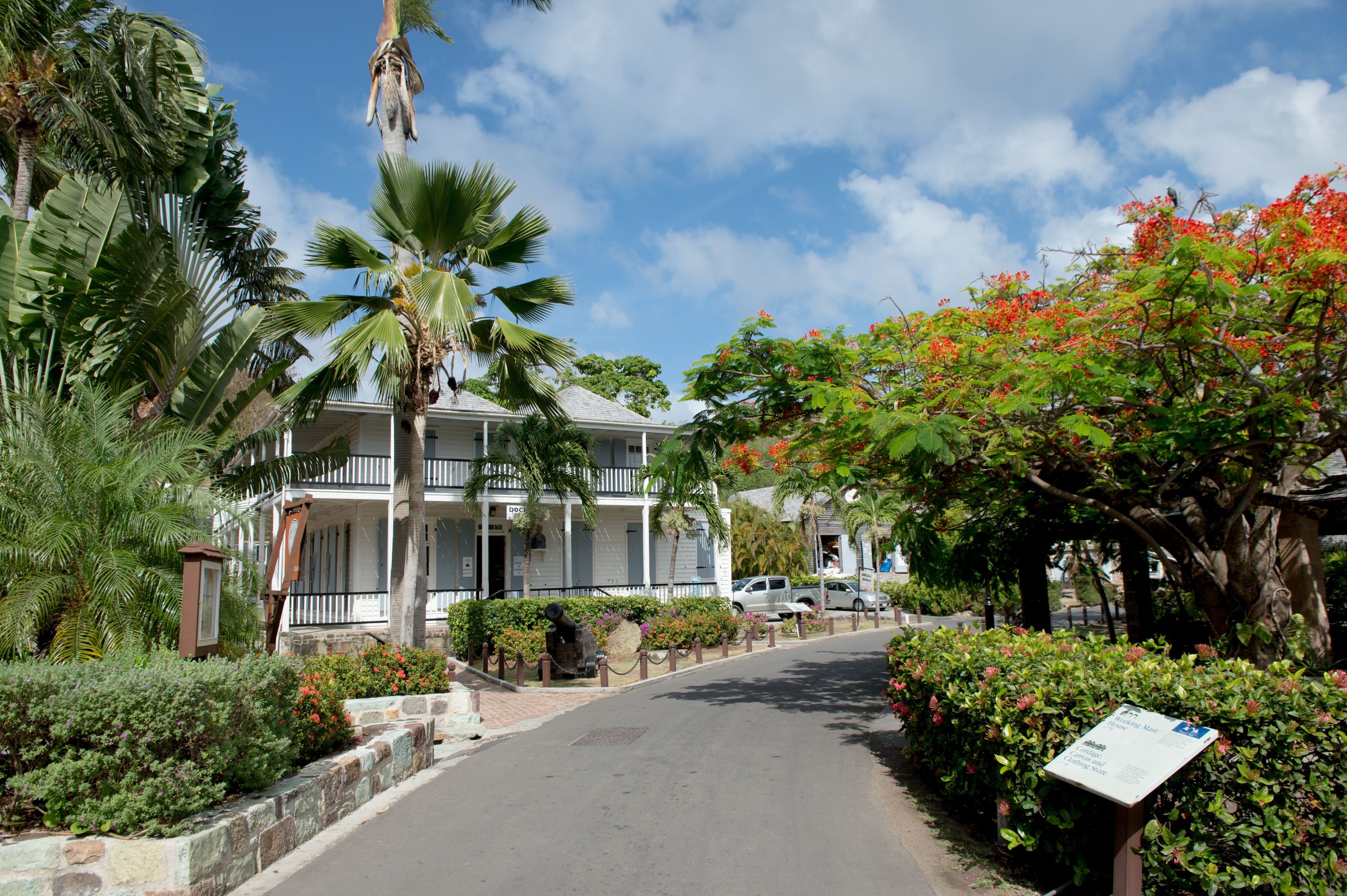 image of exterior approach to copper and lumber store historic inn english harbour antigua and barbuda_high
