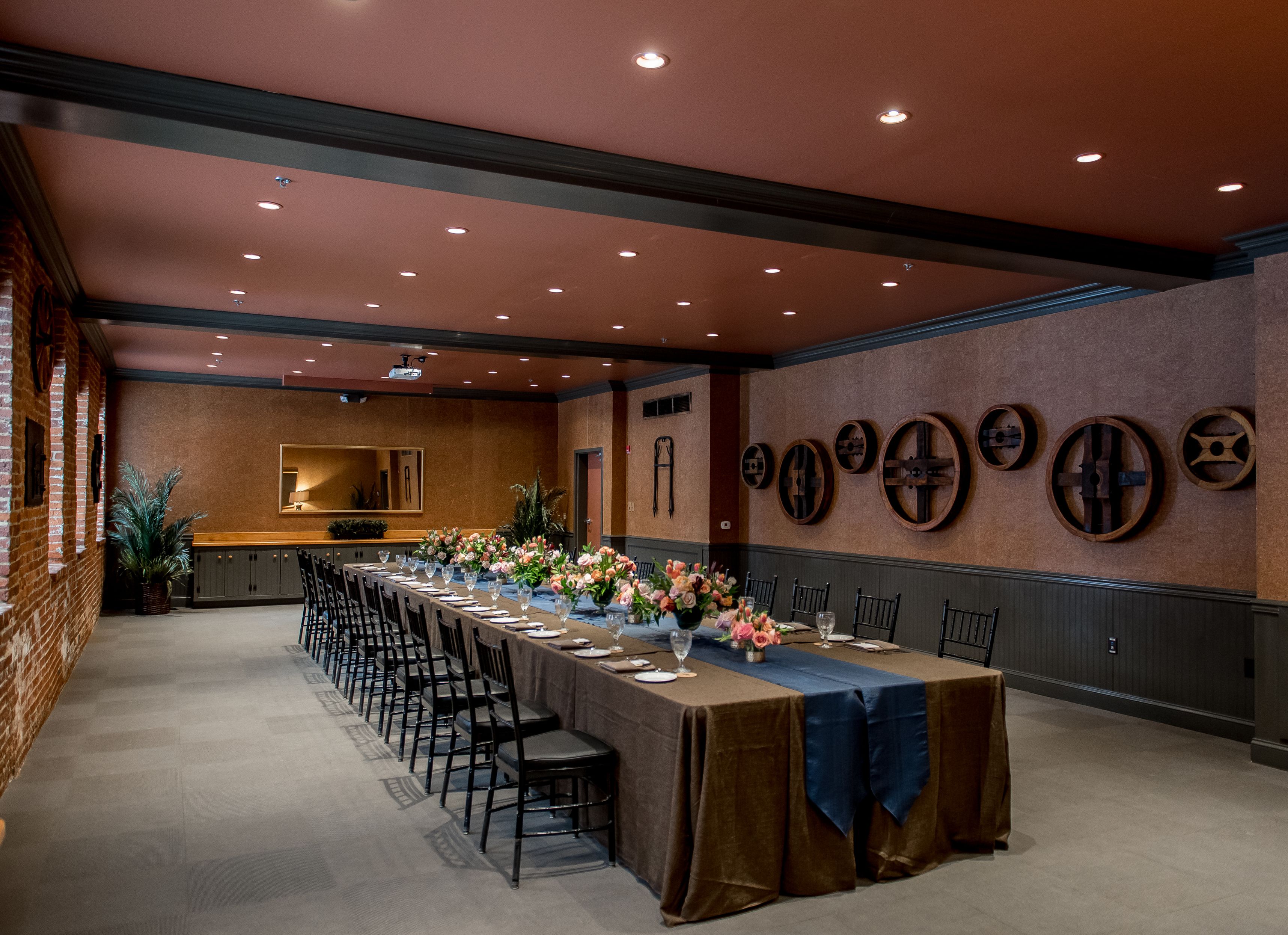 a long table set for a dinner party