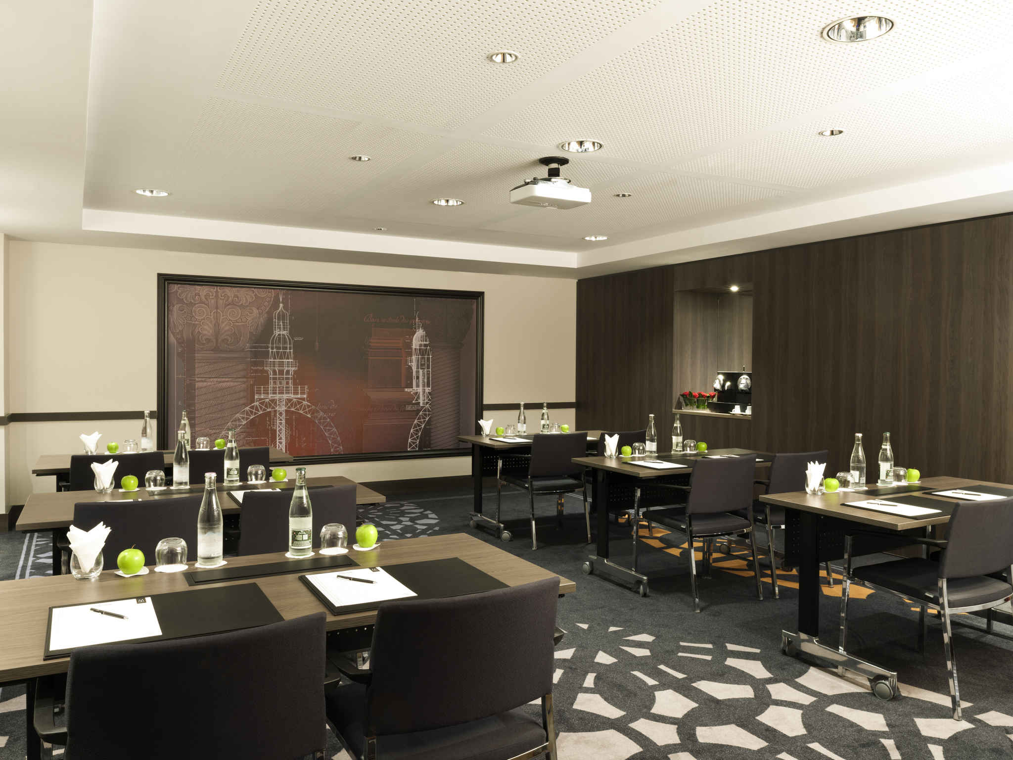 a room with tables and chairs