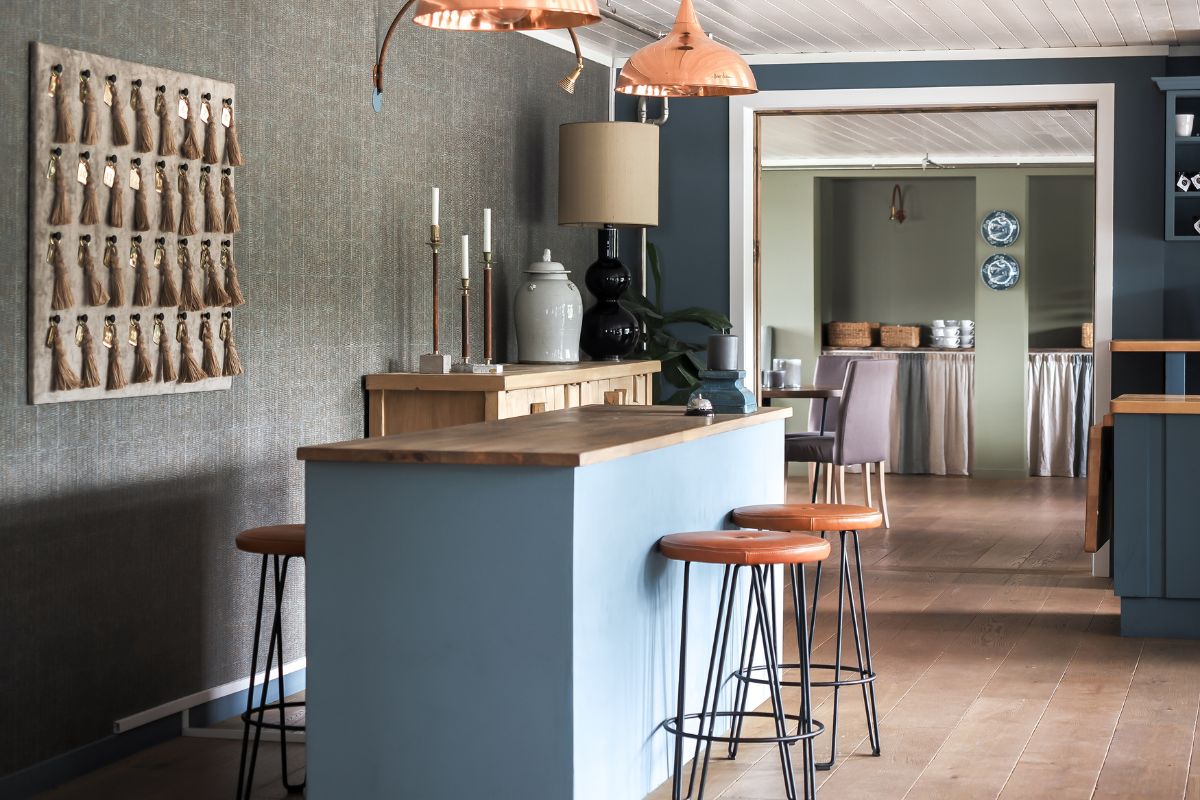 a bar with stools in a room
