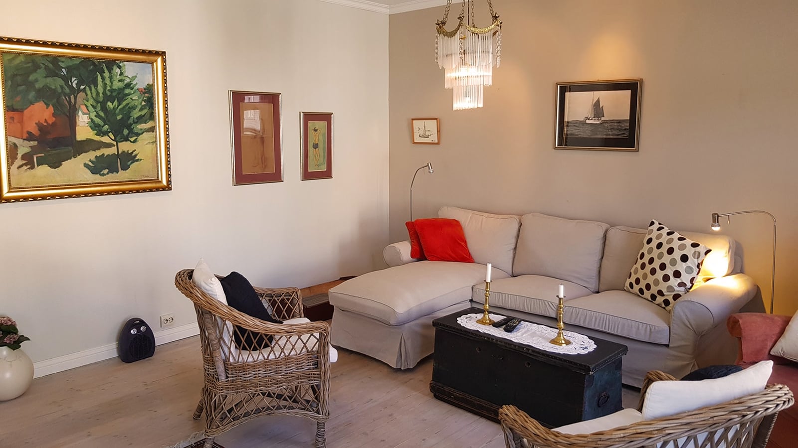 a living room with a couch and a table