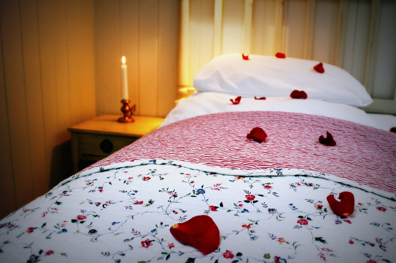 rose petals on a bed