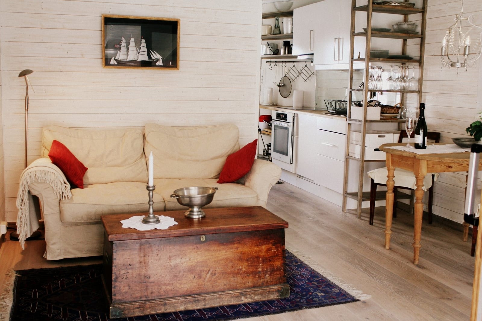 a living room with a couch and a table