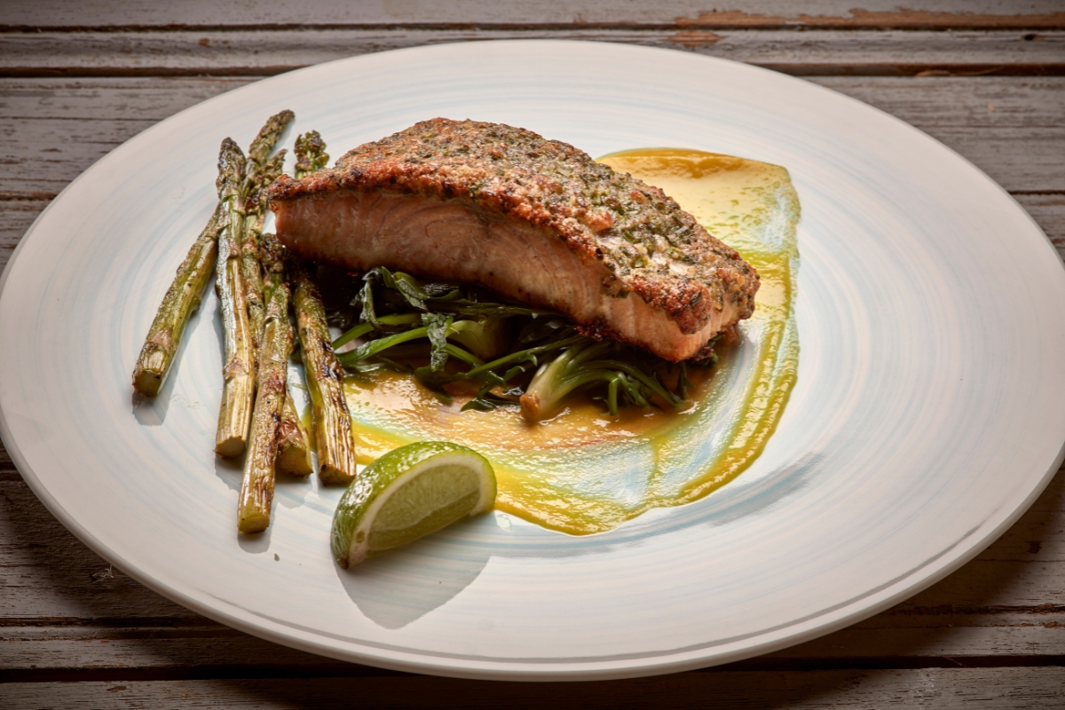 a plate of food on a wood table