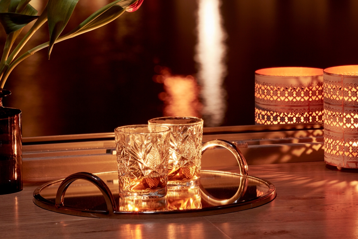 a pair of glasses on a tray