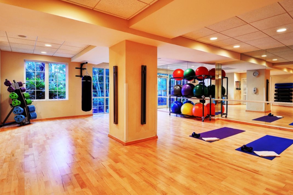 a gym with exercise balls and punching bag